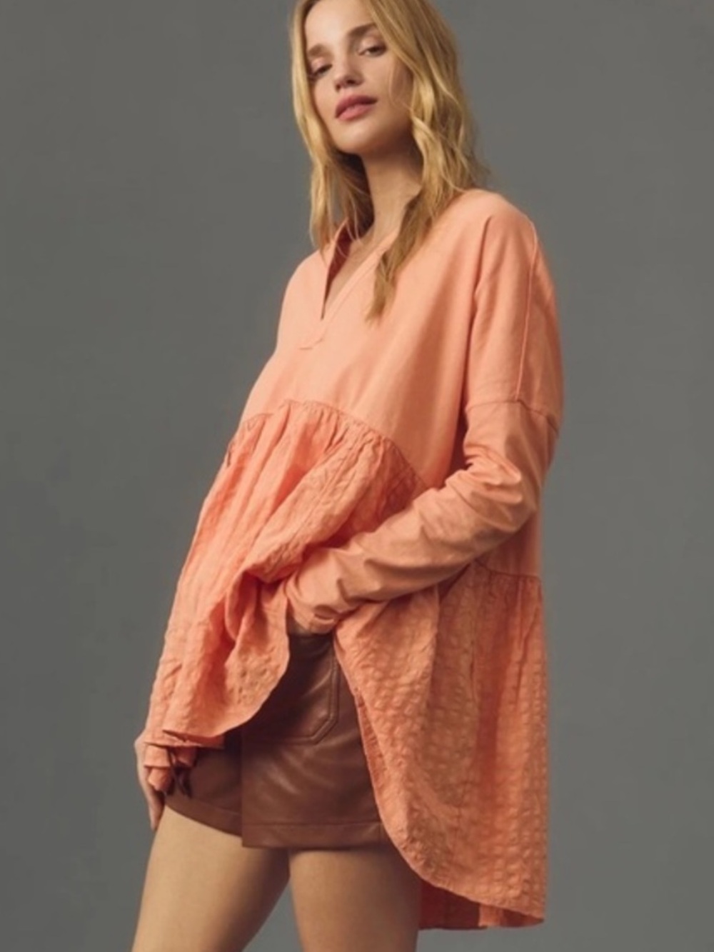 Anthropologie Pilero Long-Sleeve Babydoll Peach Orange Gingham Blouse Top Small